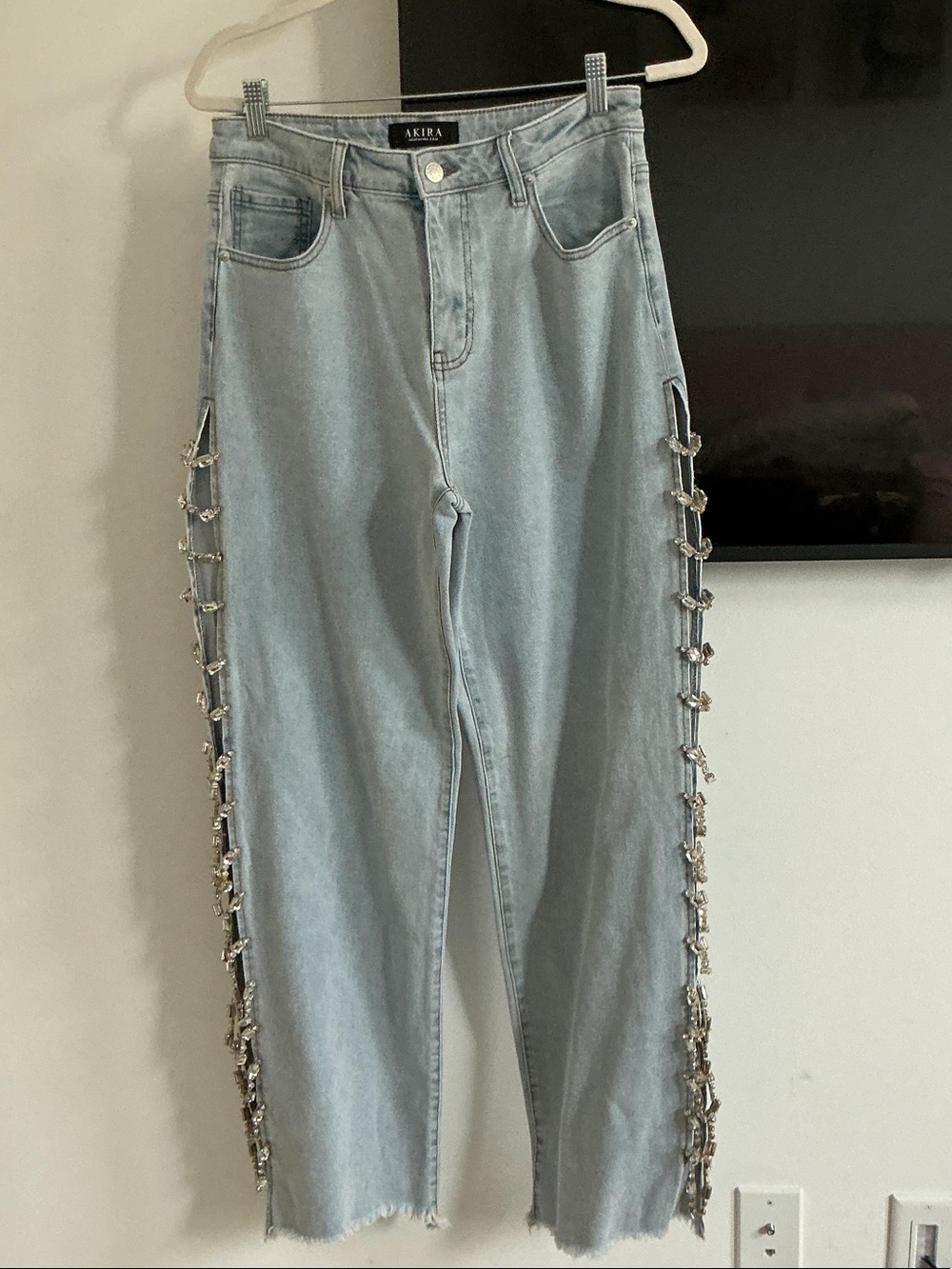 AKIRA Light Blue Straight Leg Jeans with Side Lace-Up Detail
